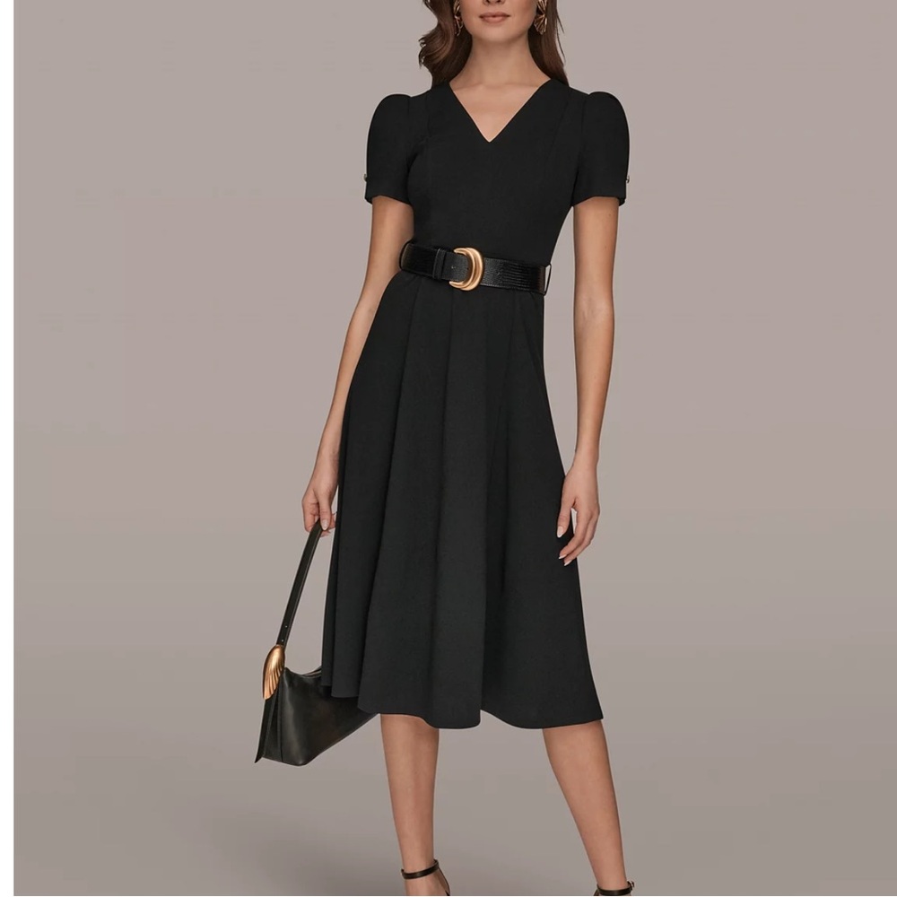 Donna Karan Belted Puff Sleeve A Line Midi Dress Size 6 Women Feminine In Black